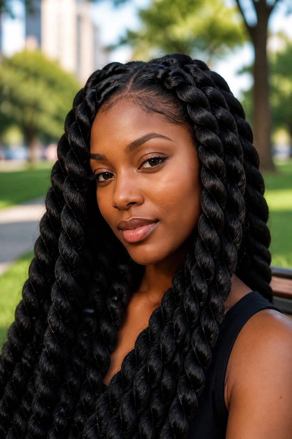 Close-up of a real person with jumbo twists in bold protective style