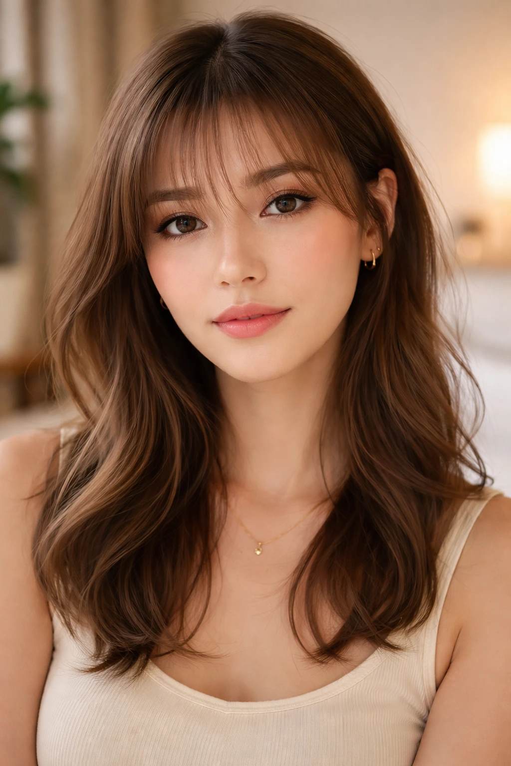 Close-up of a woman with ultra-thin see-through bangs in warm ambient light