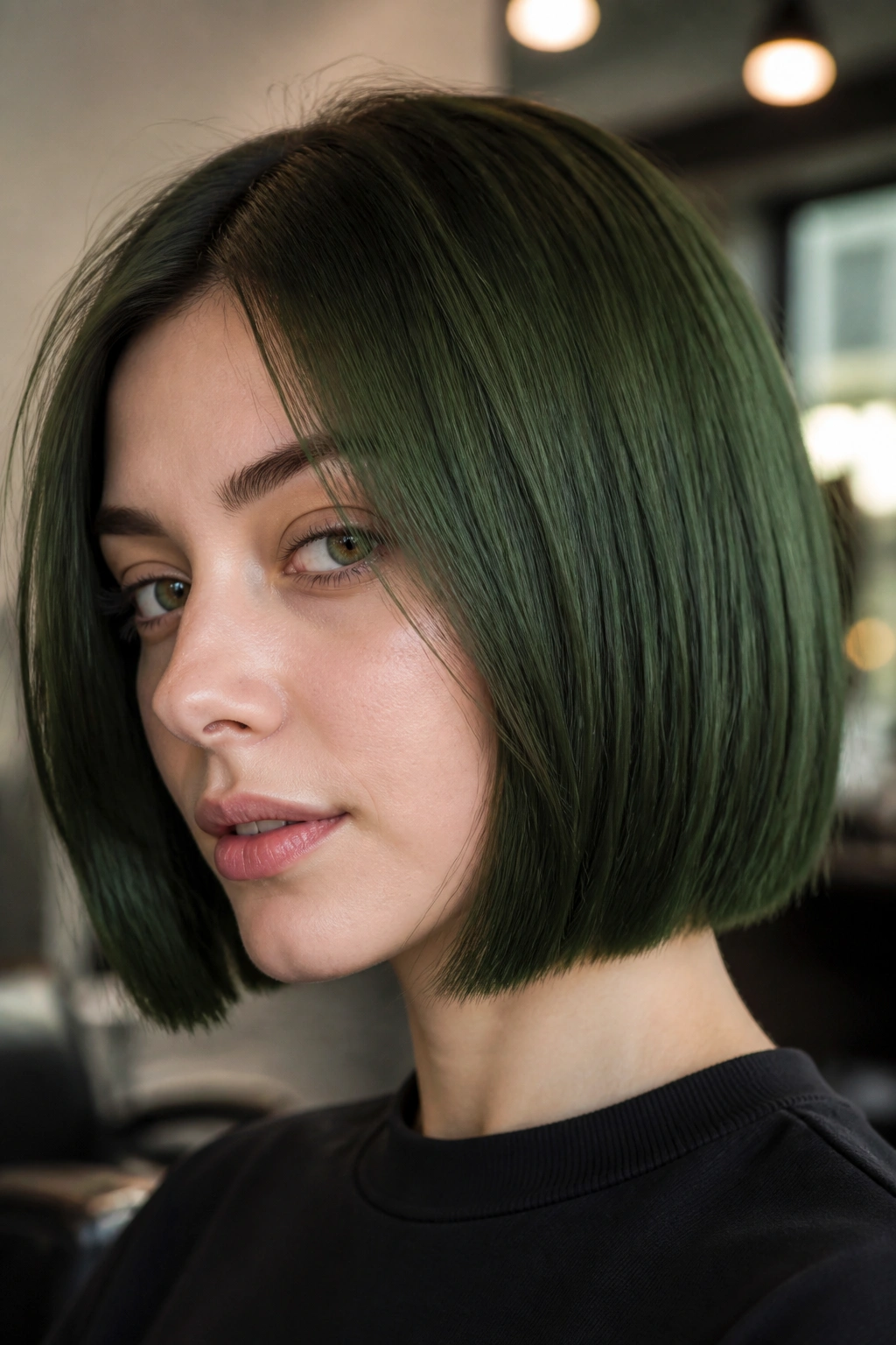 Close-up of a real person with kelp green bob in a cozy salon