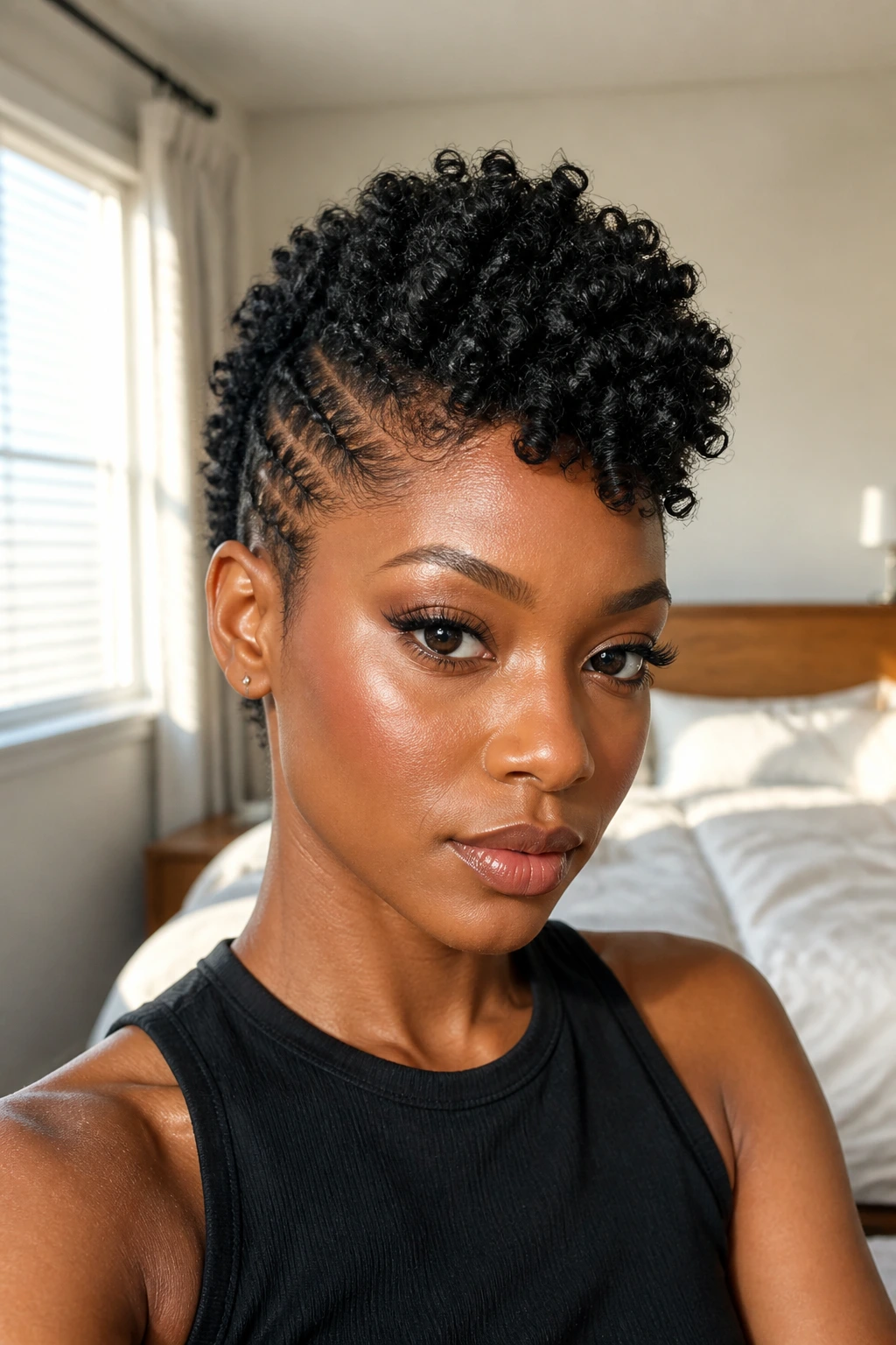 Close-up of a woman with a short kinky curly mohawk.