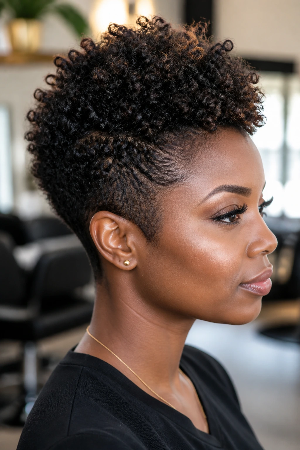 Real person with tight kinky-curly mohawk updo in a salon