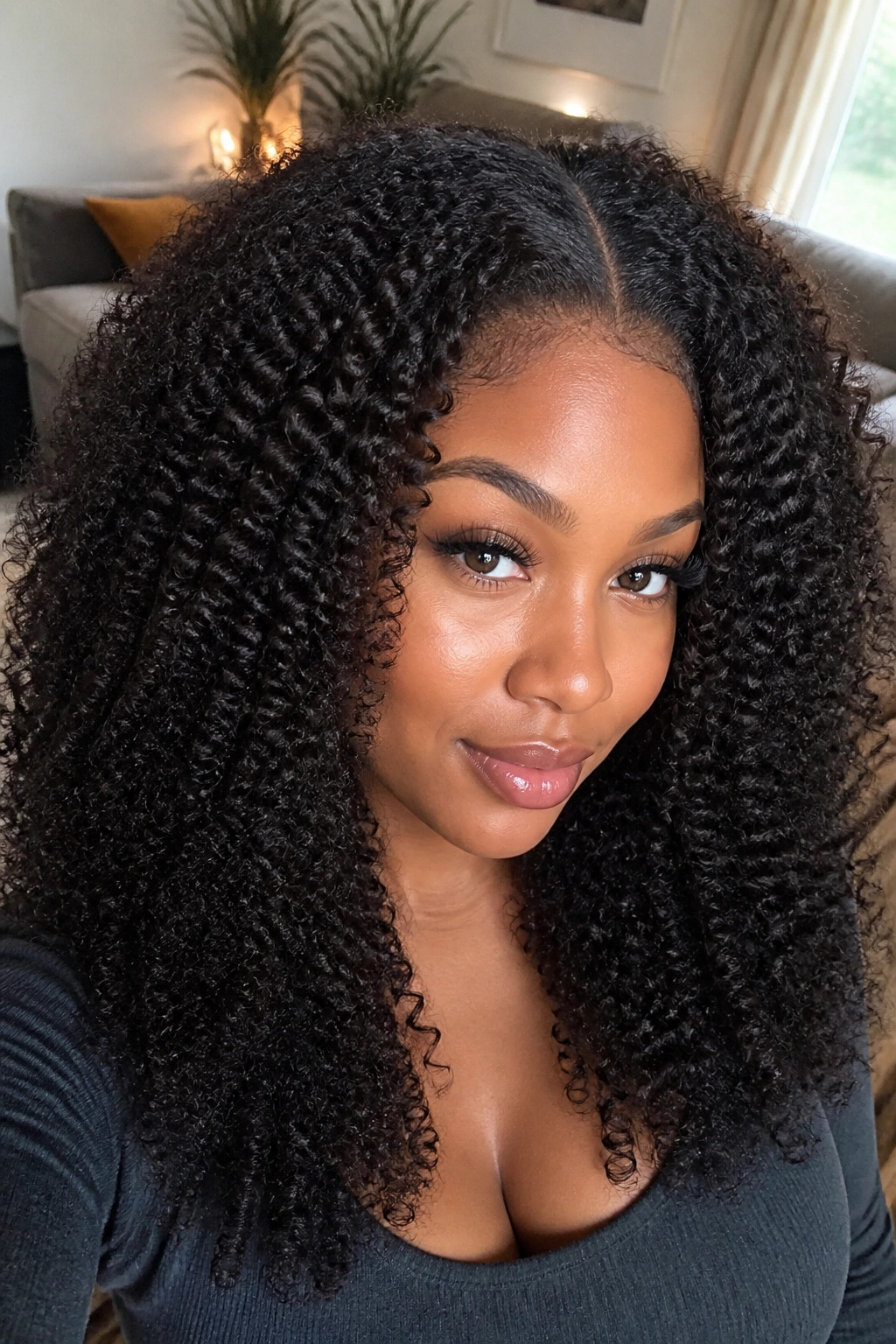 Close-up portrait of a real woman wearing kinky-curly weave with a natural closure at the crown.