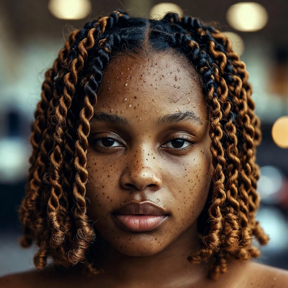 Close-up portrait of a real person with kinky twists