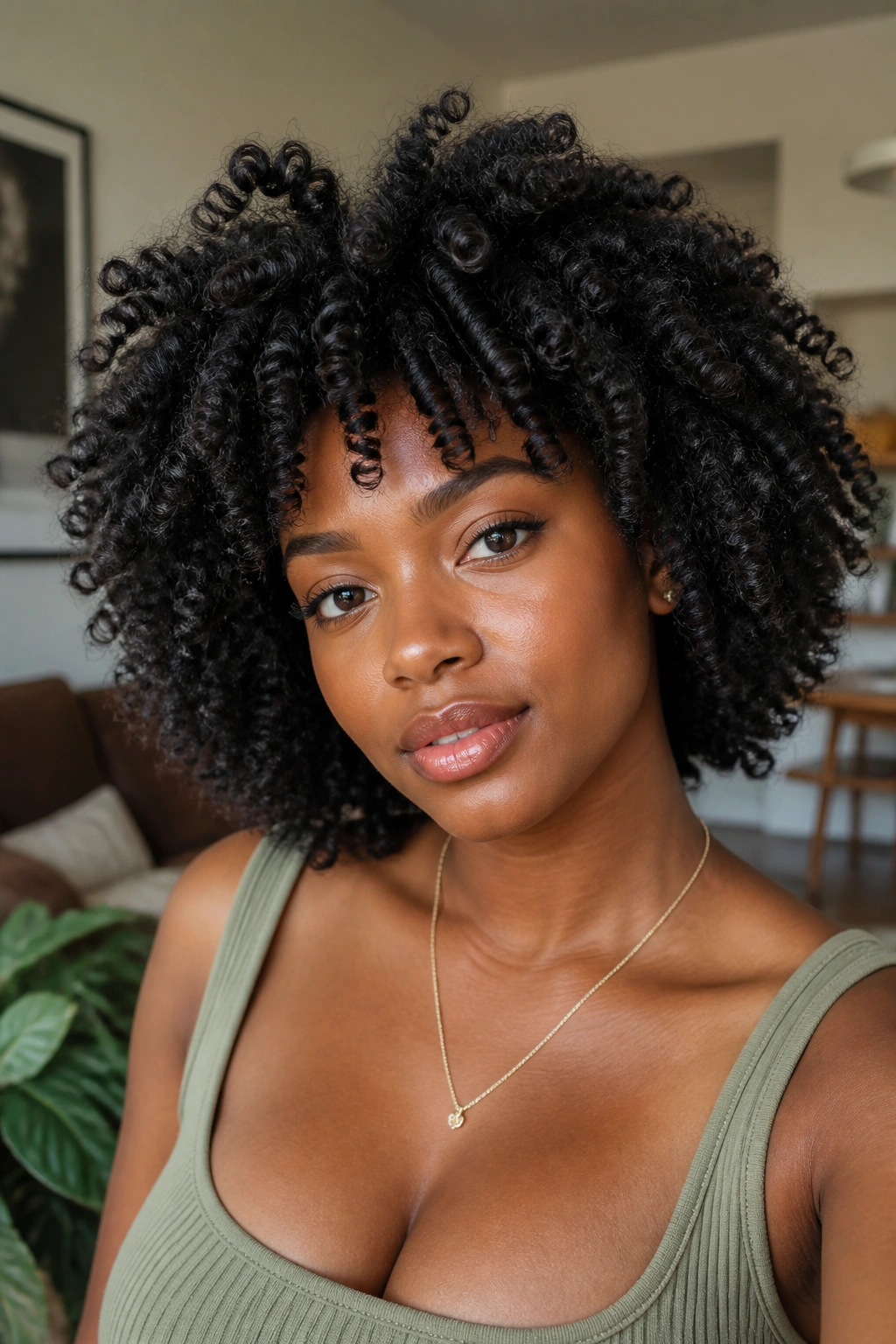 Medium close-up of a real woman with a knot-out showing springy volume.