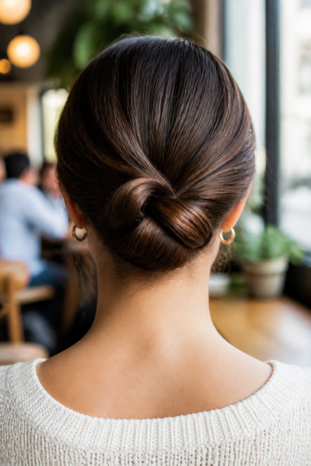 Back-of-head view of a real woman with a knot-through bun