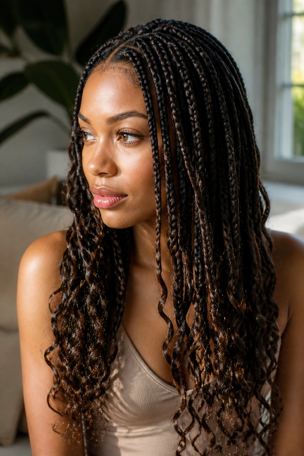 Close-up of a real person with knotless box braids and boho curly ends