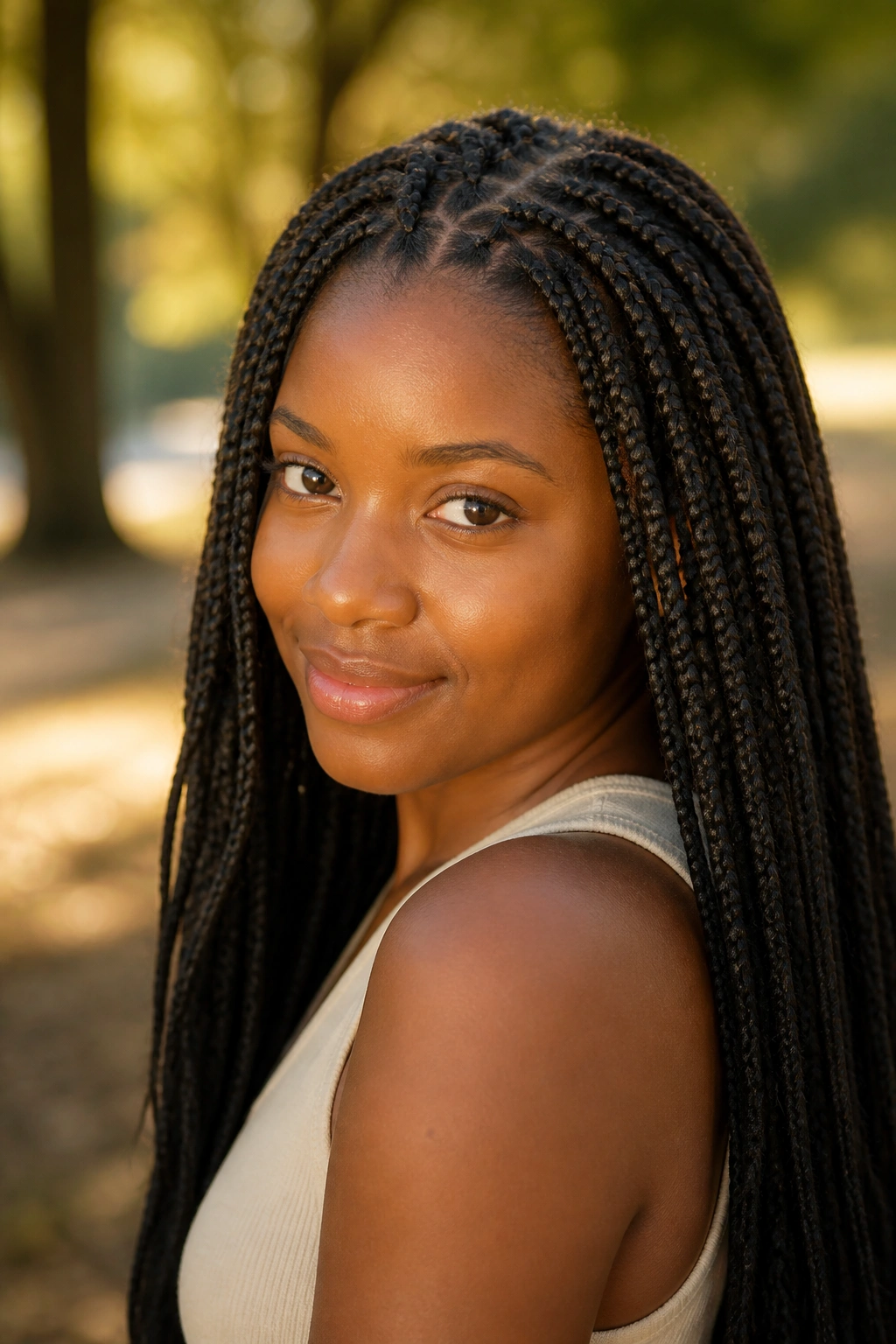 Portrait of a person with knotless box braids showing natural movement.