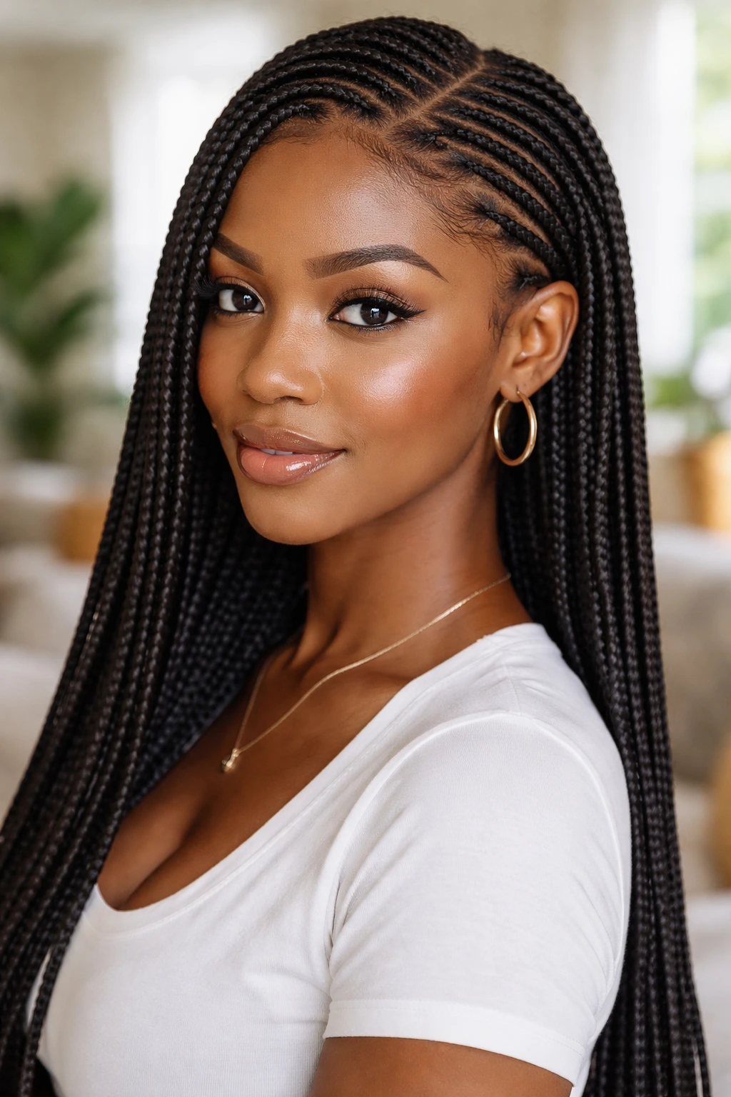 Close-up portrait of a real woman with knotless box braids and seamless roots in natural light