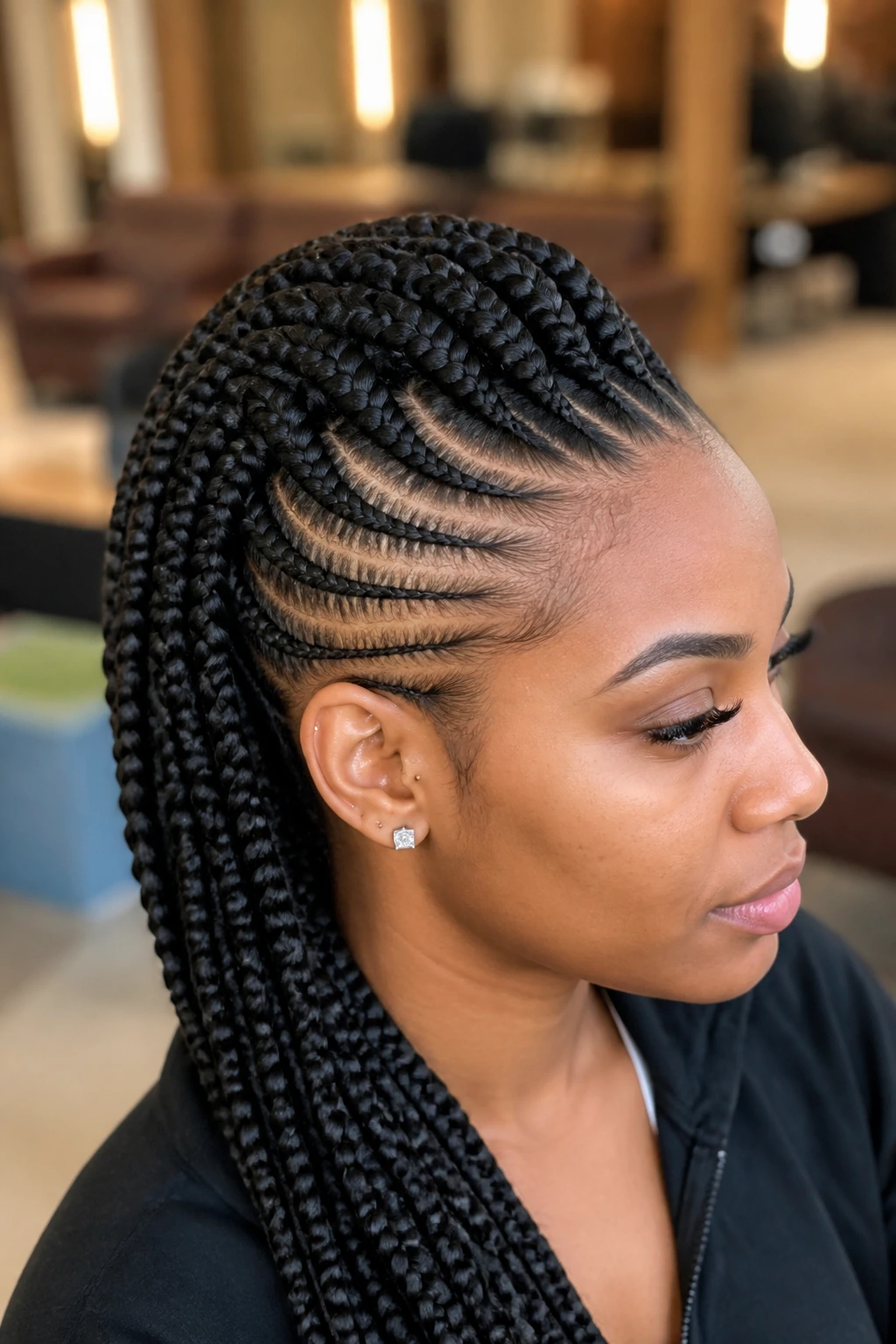 Close-up of a real woman showing knotless braided mohawk with a flat scalp base and centered ridge.