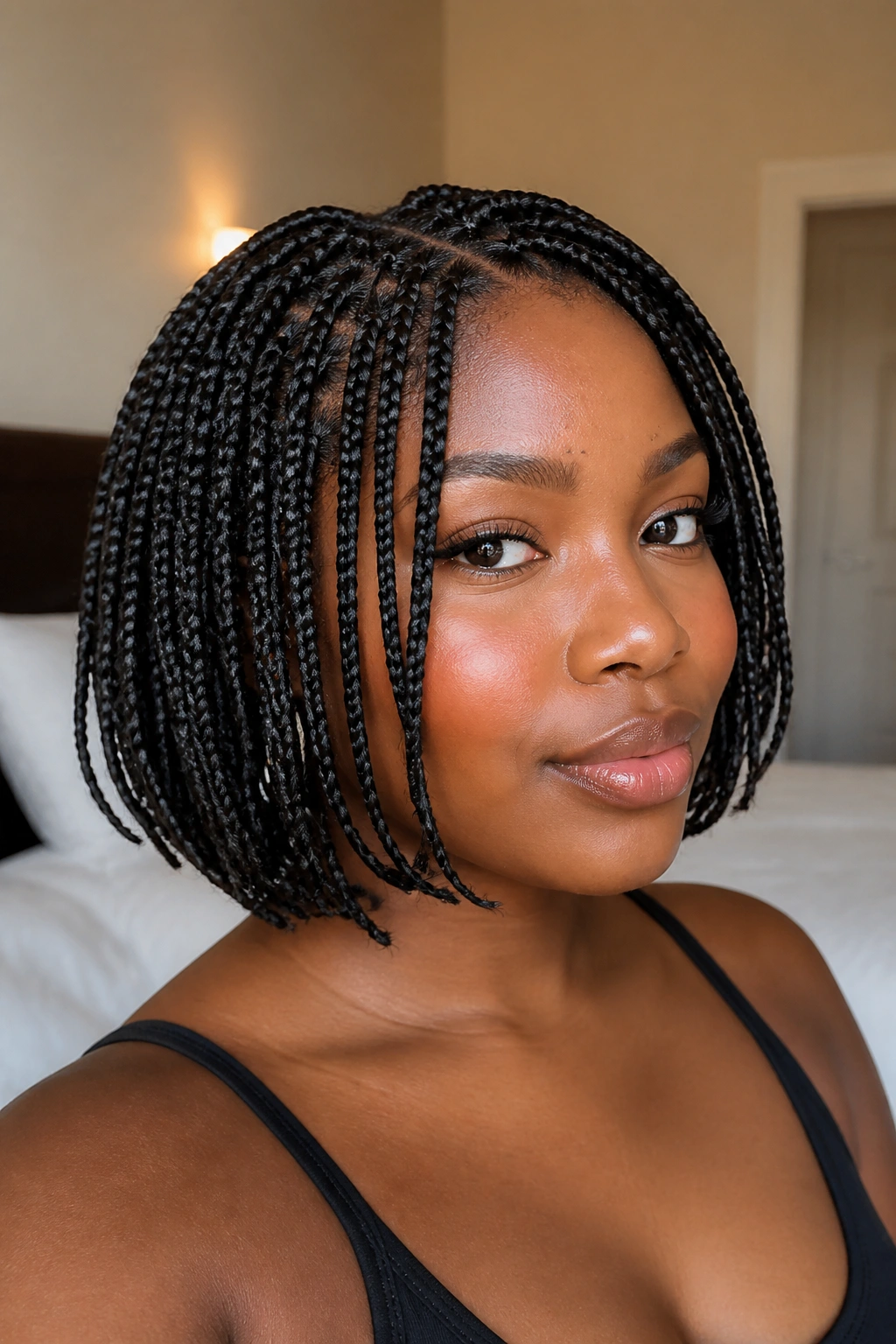 Close-up of a real woman wearing chin-grazing knotless braids for round faces