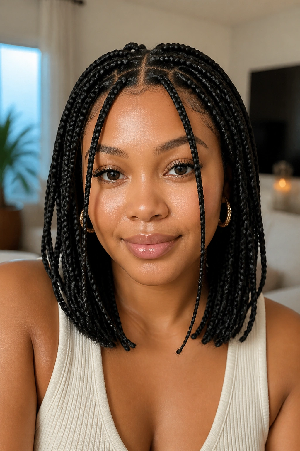 Close-up of a person with shoulder-length knotless braids and face-framing pieces