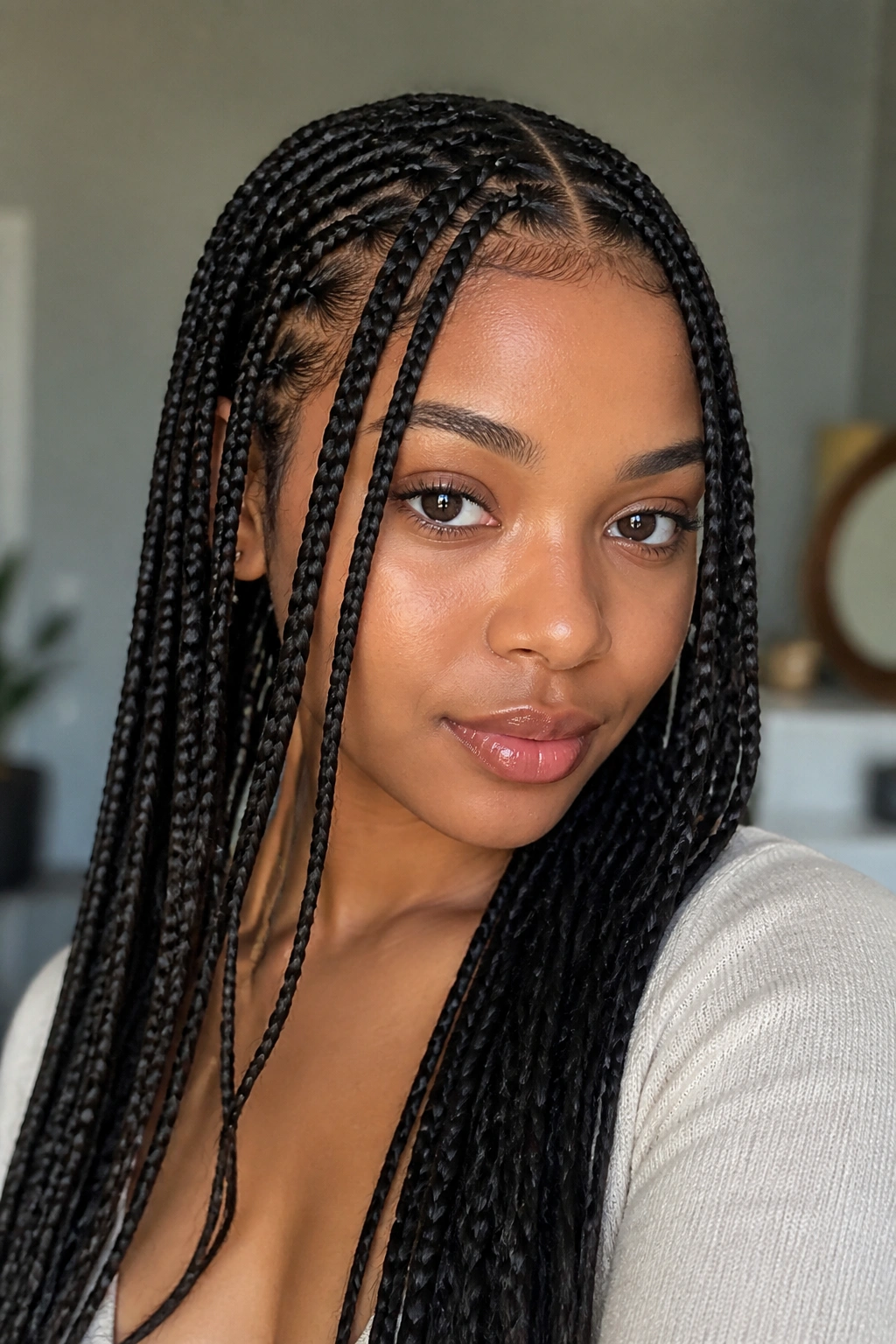 Close-up of a real person with knotless braids and face-framing pieces.