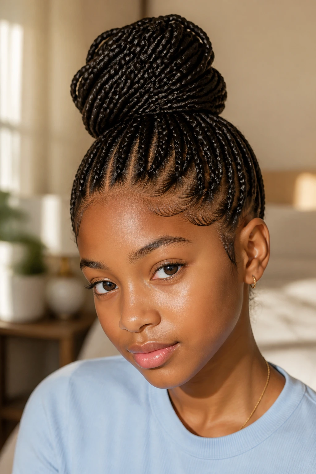 Close-up of a real girl's head with knotless braids in a high bun