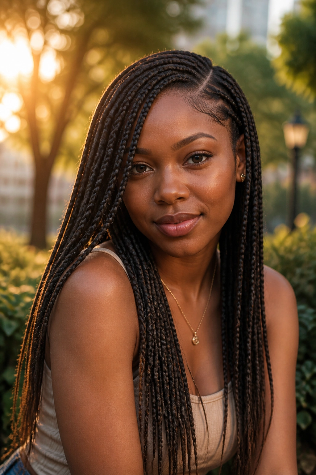 Close-up of real woman with knotless braids and side part