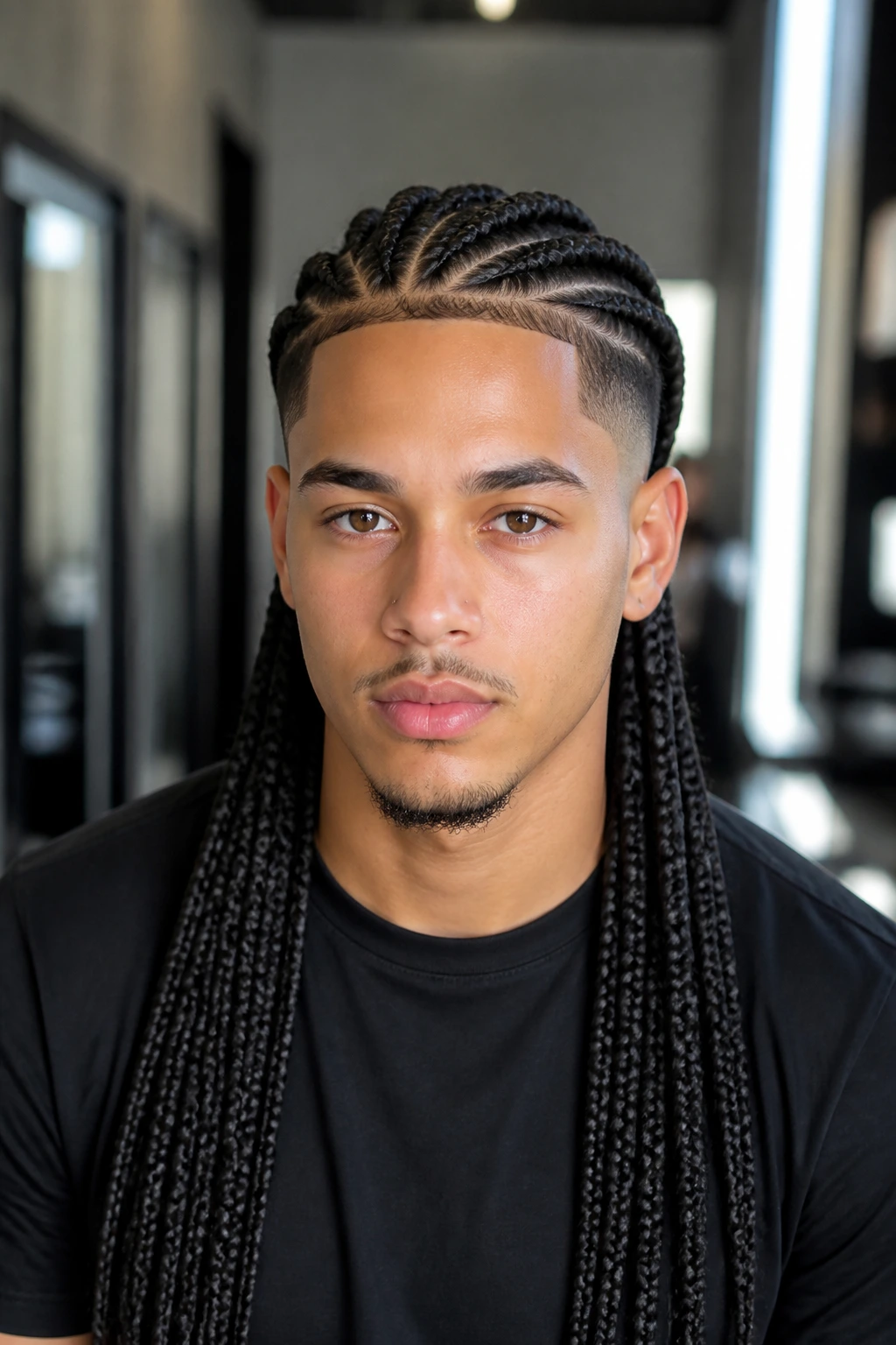 Medium close-up of knotless braids with a tapered fade on a real person