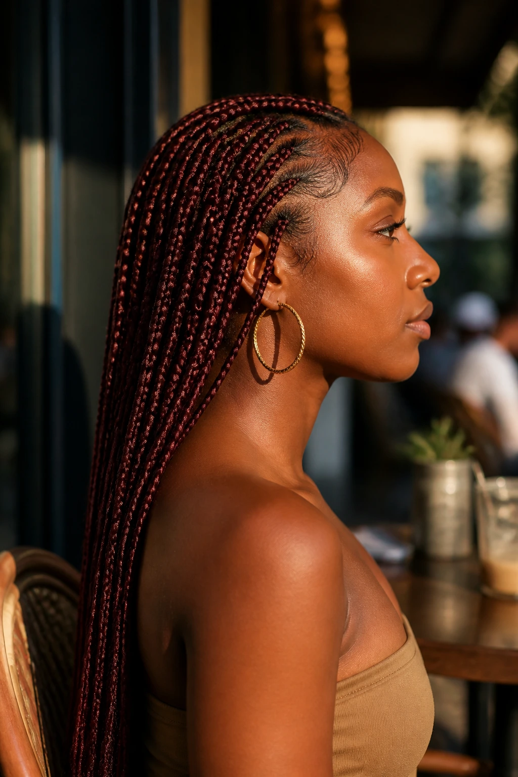 Side-profile portrait of a real woman with knotless burgundy box braids
