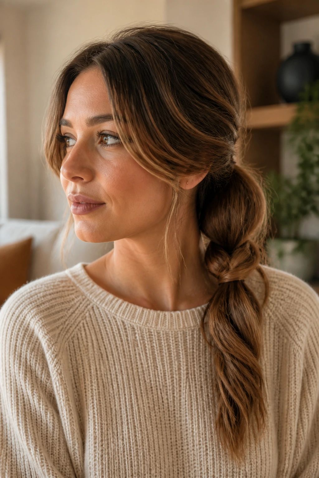 Close-up of a real woman with a knotted braid ponytail in a low ponytail