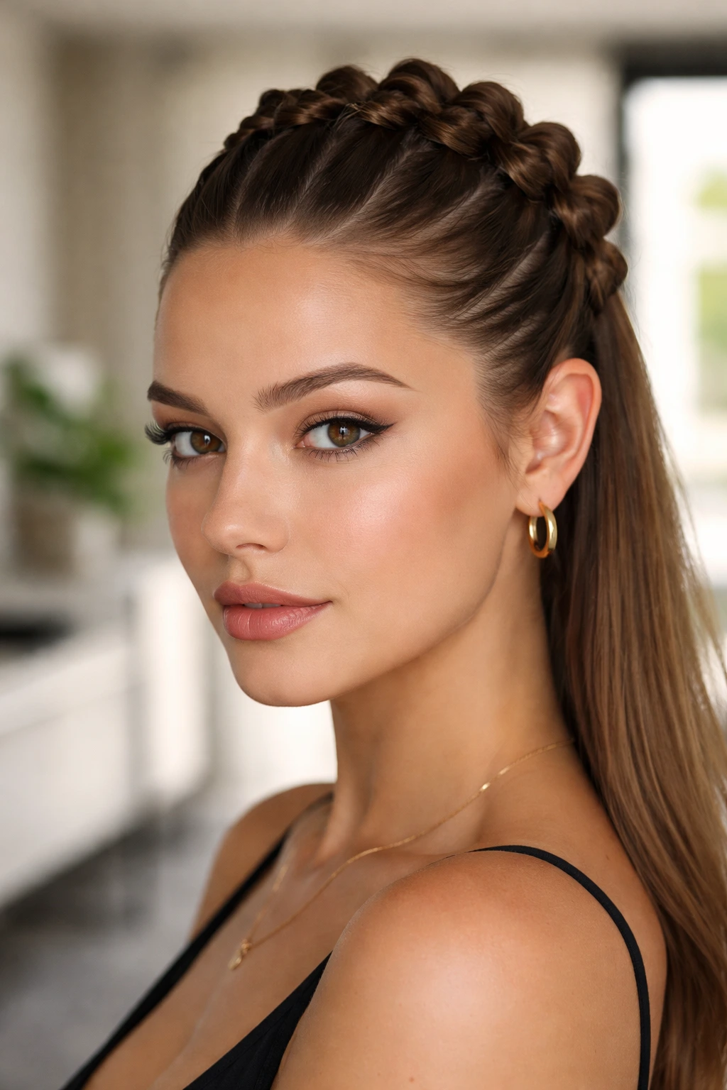 Real woman wearing a sleek knotted crown hairstyle