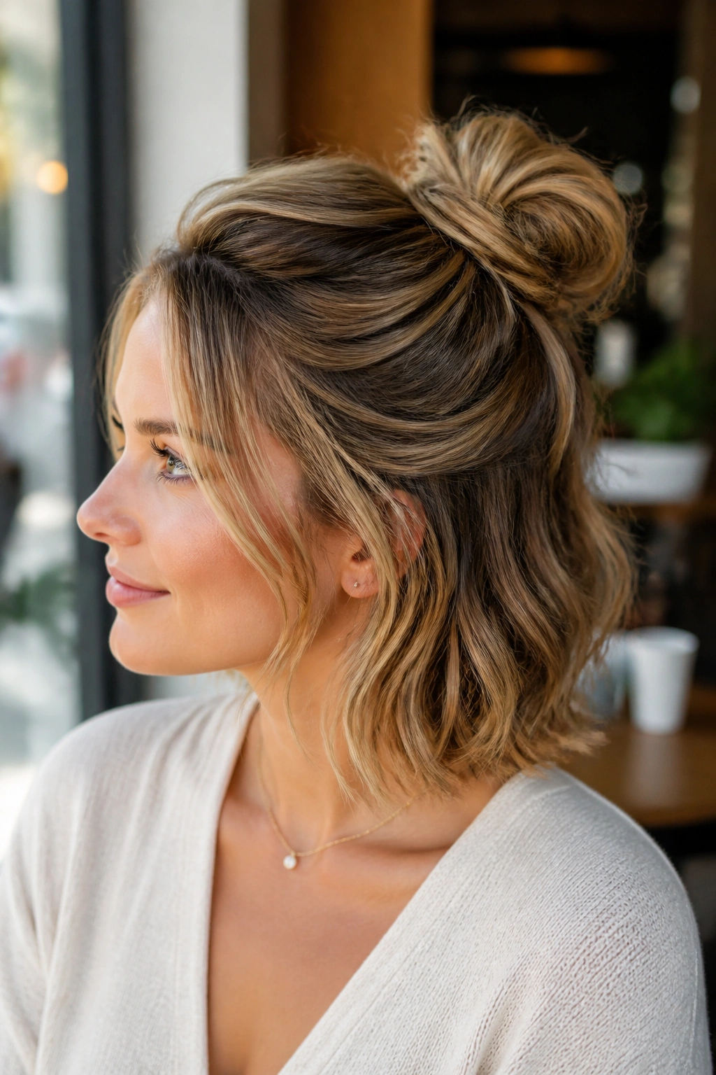 Close-up of knotted half-up chignon on real woman with short layers