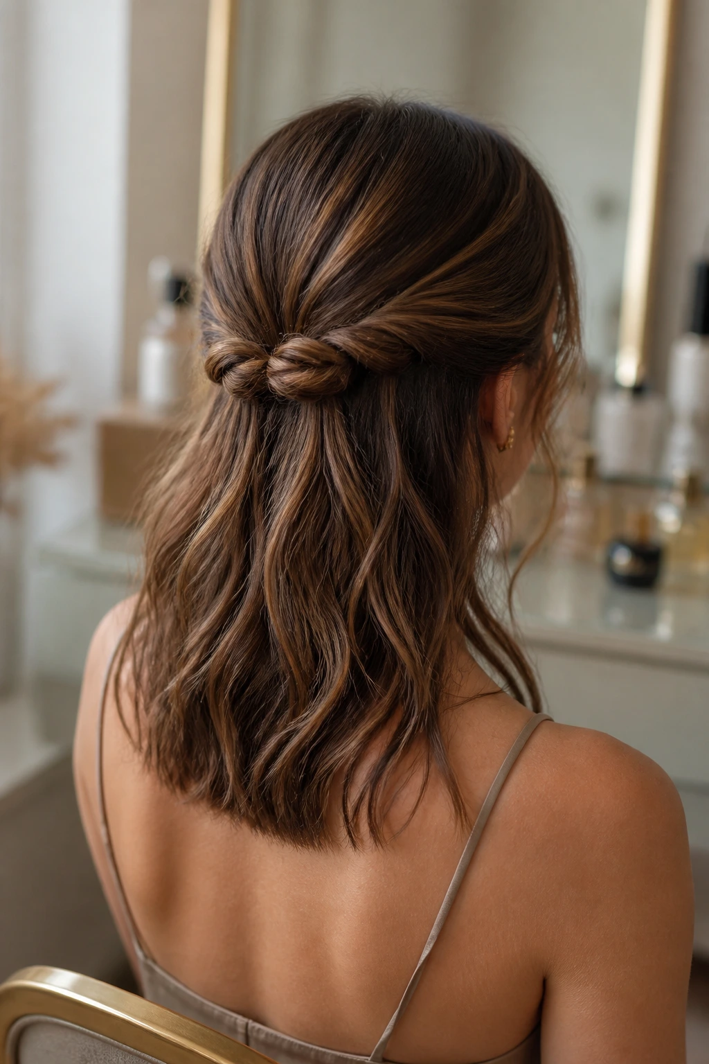 Back view of a real woman wearing a knotted half-up tie hairstyle