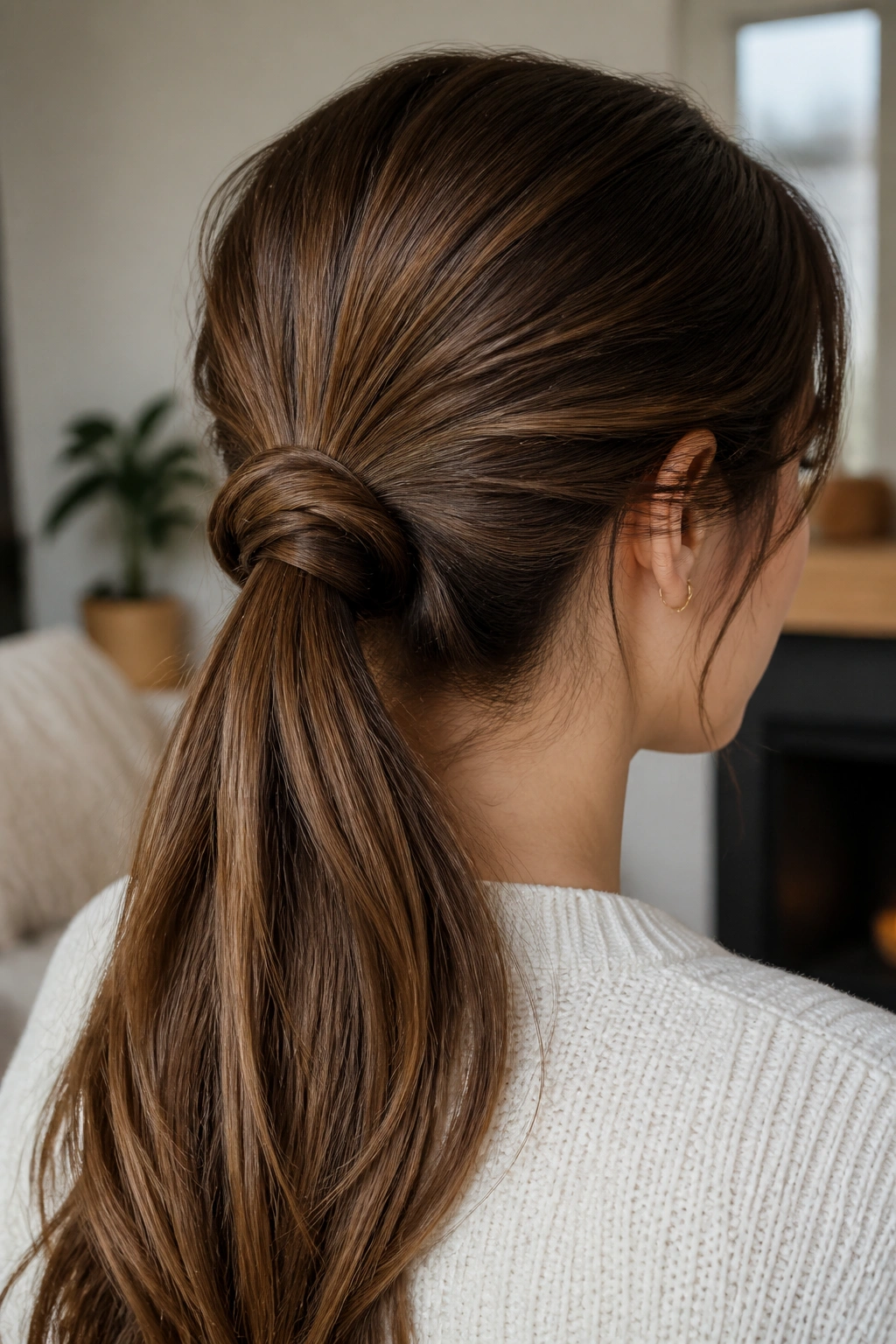 Close-up of knotted ponytail on a real person
