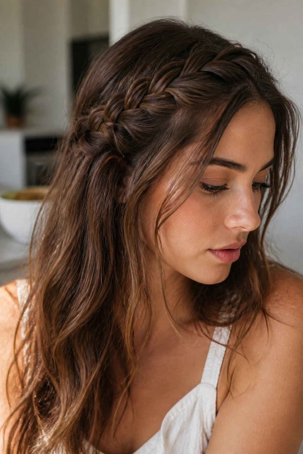 Real woman with lace braid along the hairline in soft window light