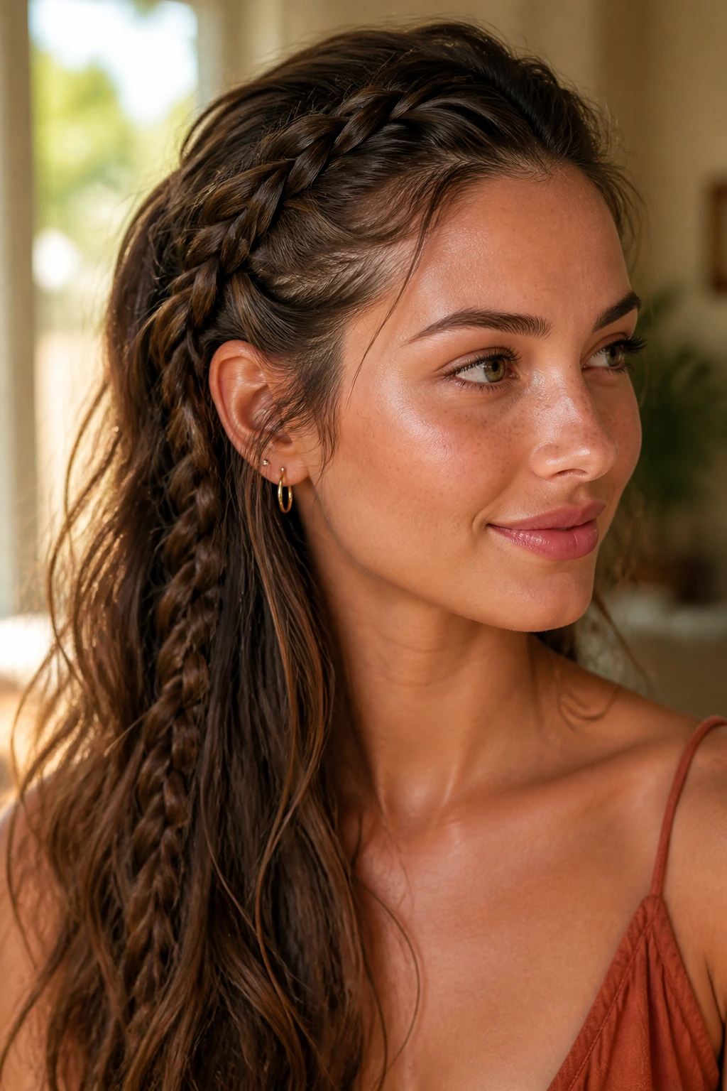 Close-up of a real woman wearing a lace braid along the hairline