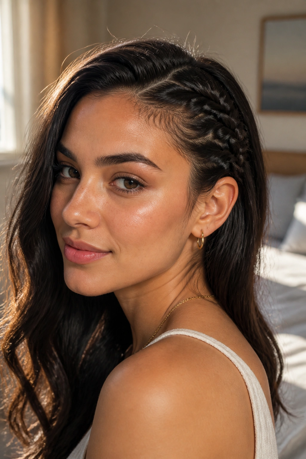 Portrait of a woman wearing a lace braid along the hairline.