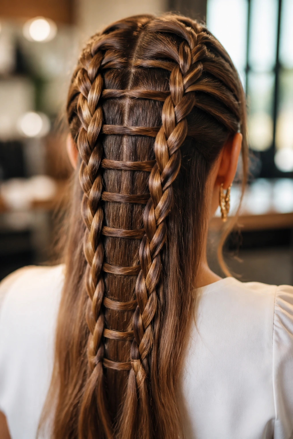 Close-up of a real woman's ladder braid running down the back of her head in a warm hair-studio setting