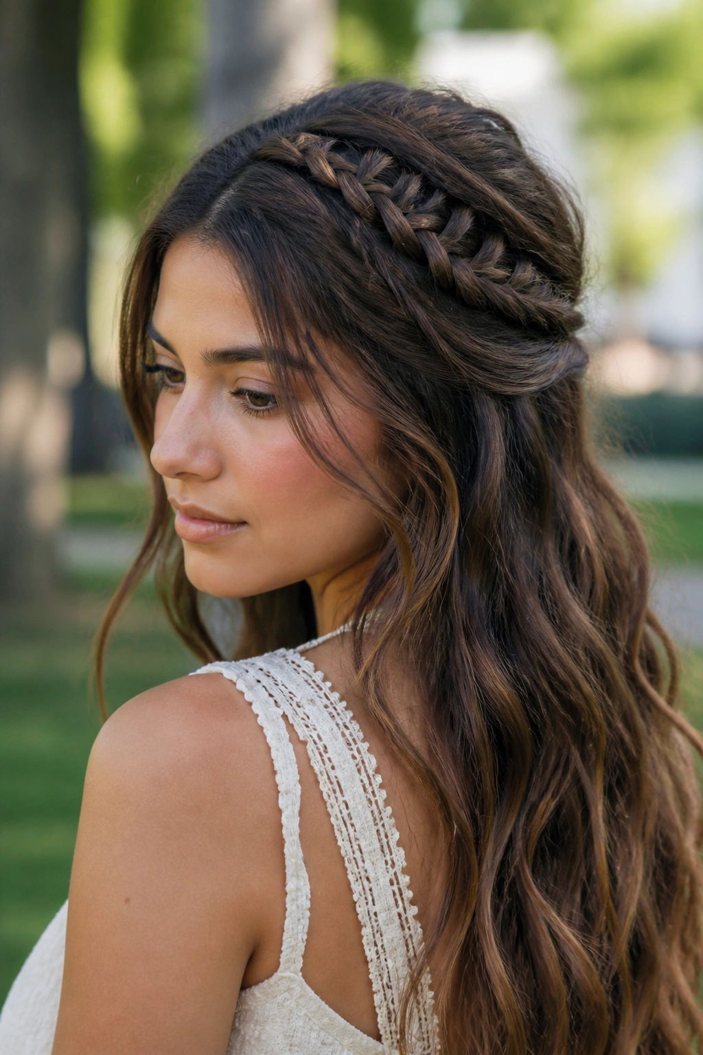 Close-up of a woman with a ladder braid across her head