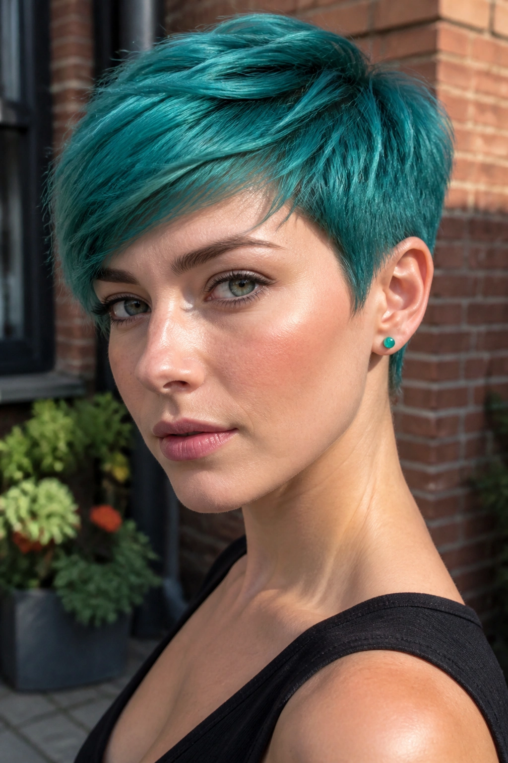Close-up portrait of a real person with lagoon-green pixie cut in glossy finish