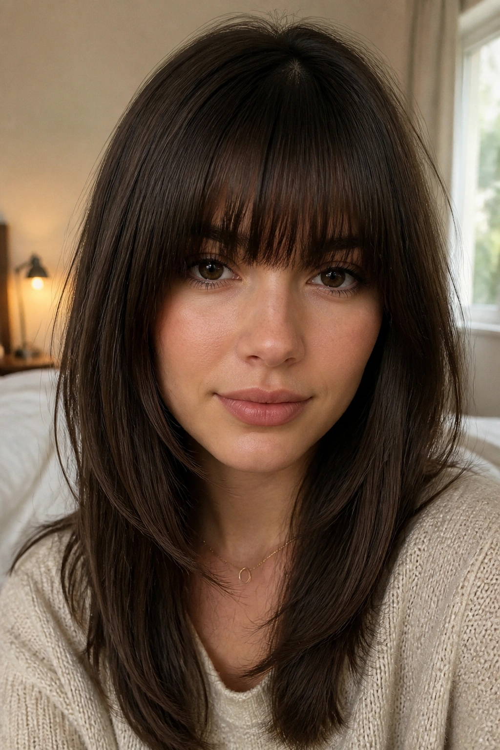 Close-up of a real woman with lash-grazing fringe just clearing her lashes in warm window light