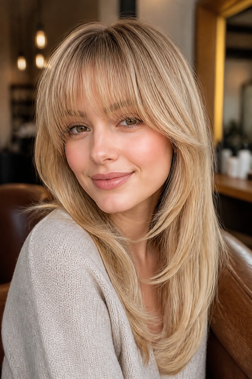 Real woman with lash-skimming bangs and rounded brush finish in medium blonde.