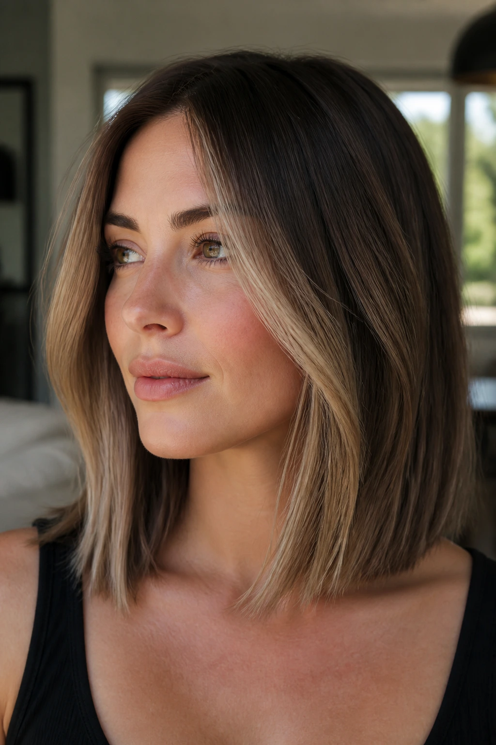 Close-up of a real woman with a blunt lob and latte balayage around the front corners