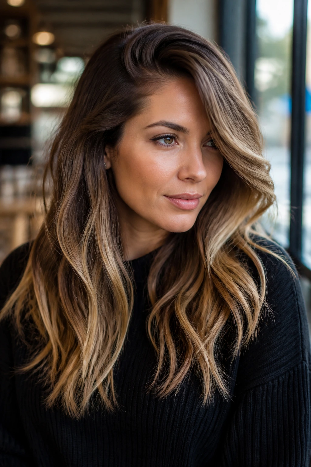 Close-up of a real woman with latte balayage and a deep side part