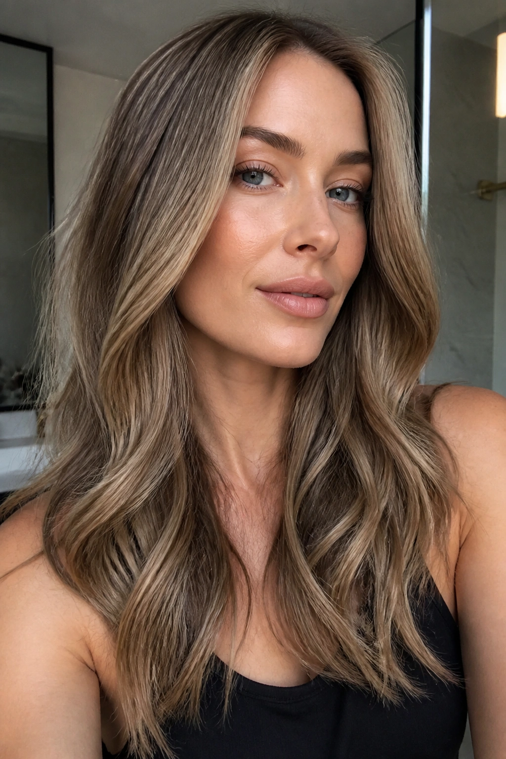 Latte bronde with ash lowlights on a real person, balanced cool tones.