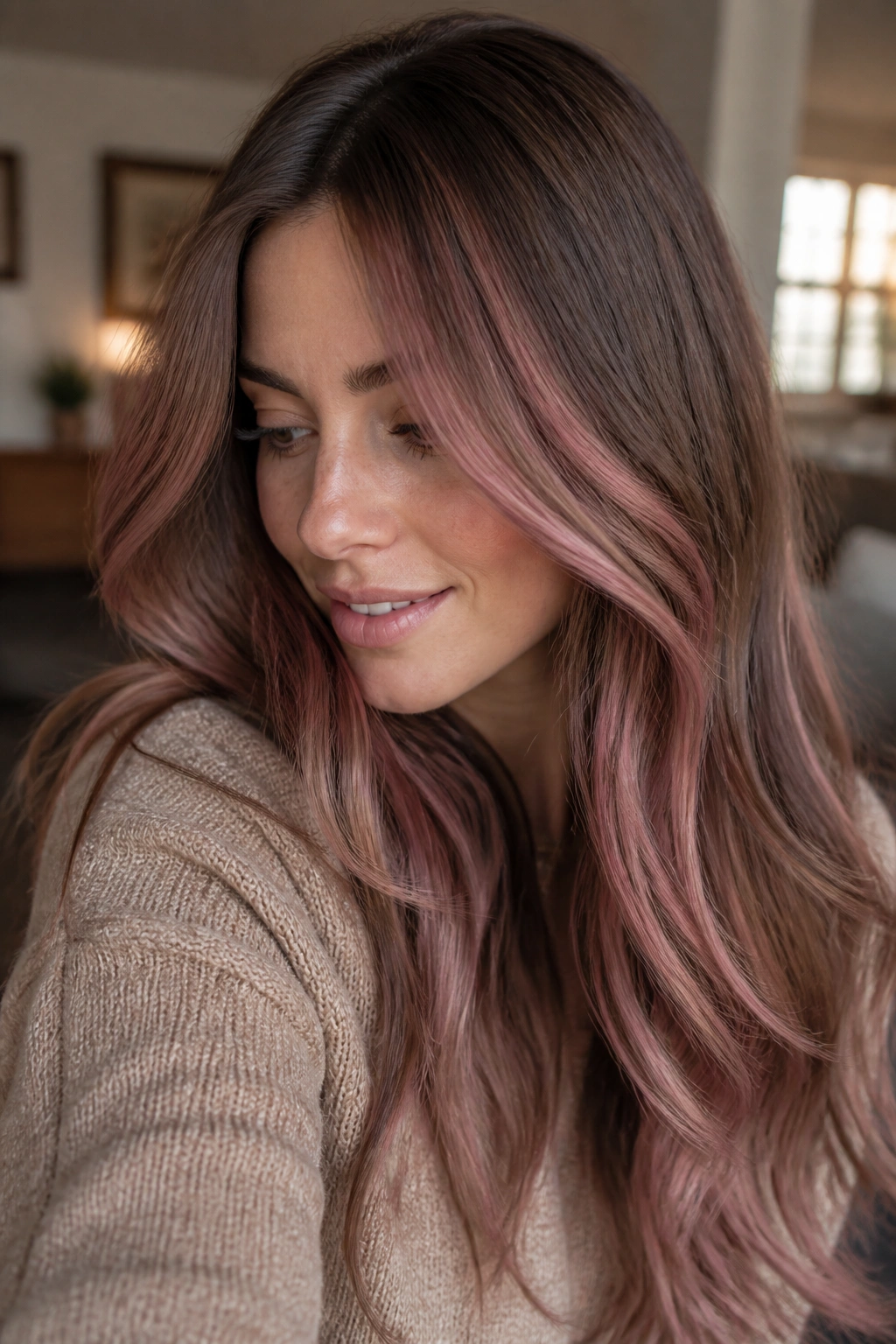 Close-up of latte brown hair with antique rose ribboning on a real woman
