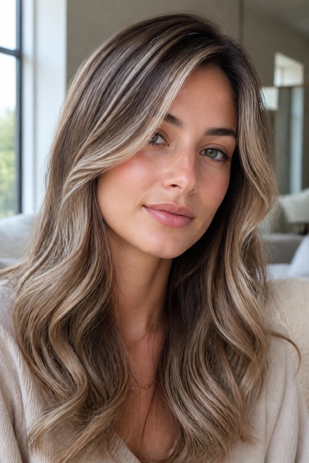 Close-up portrait of a woman with latte brown hair and Arctic beige highlights