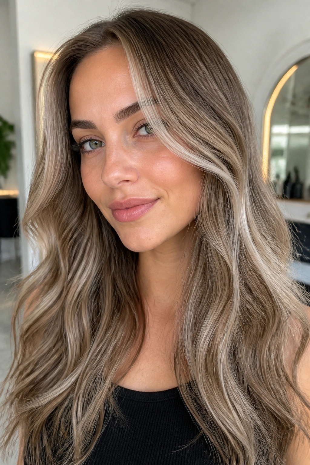 Close-up of latte brown hair with frosted highlights framing the face