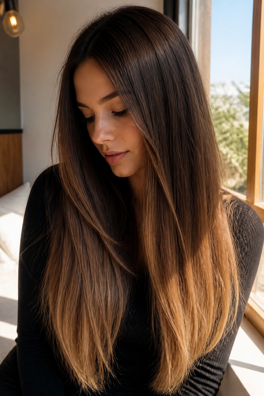 Close-up of latte brown ombre on straight long hair.