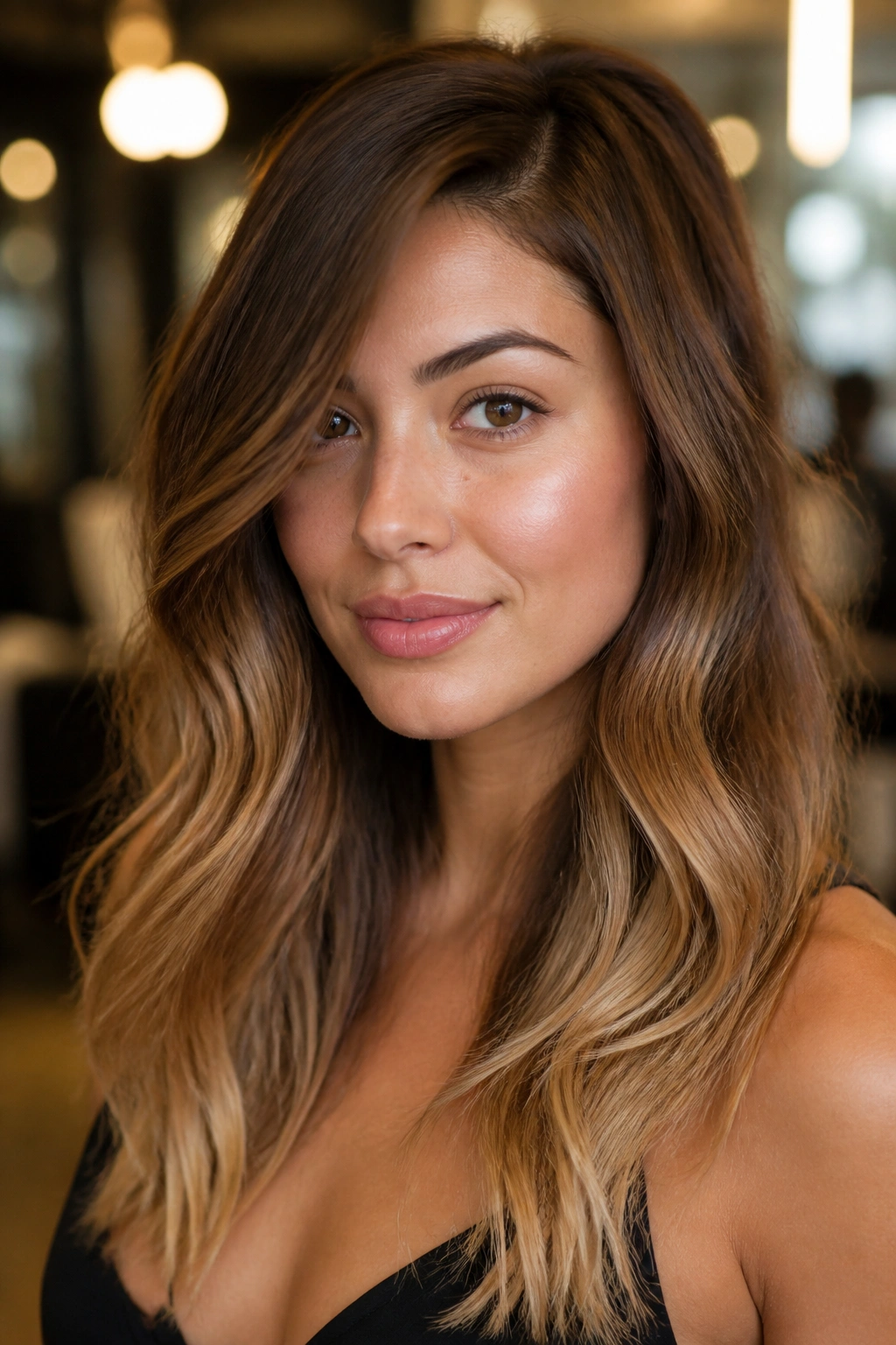 Close-up of latte brown hair with soft ombré from roots to lighter ends