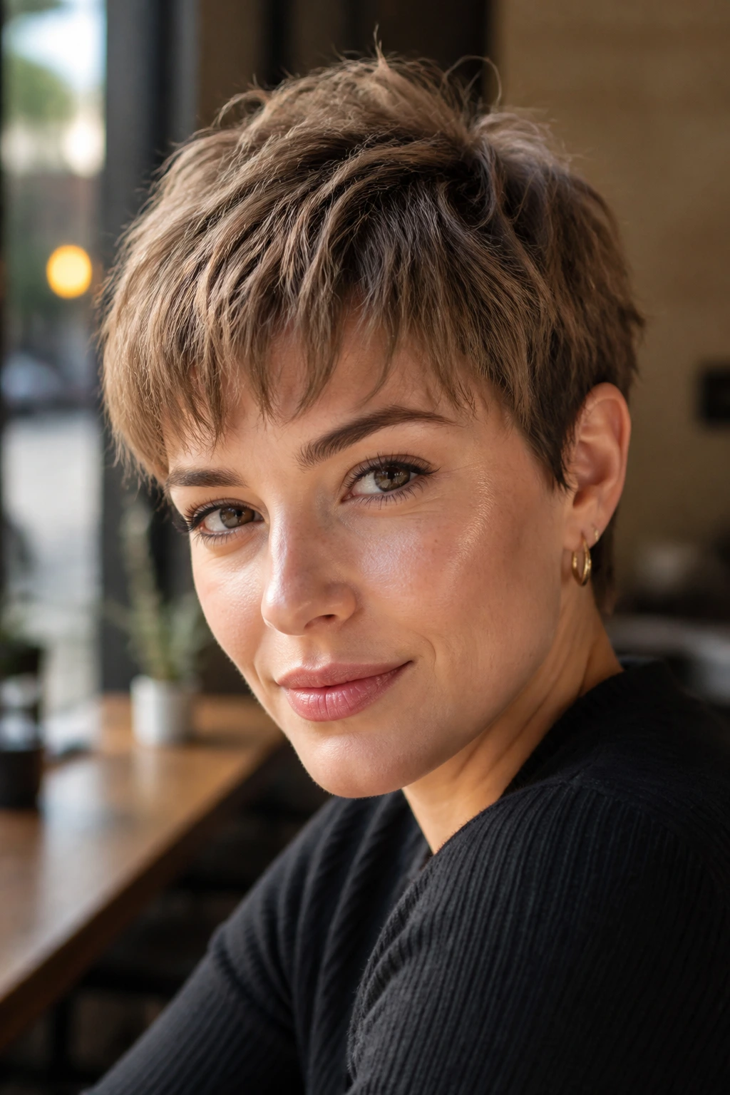 Close-up portrait of real woman with latte brown pixie and choppy bangs in cafe light