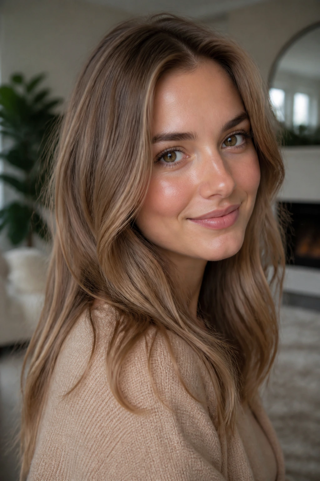 Close-up portrait of a real woman with latte brown hair