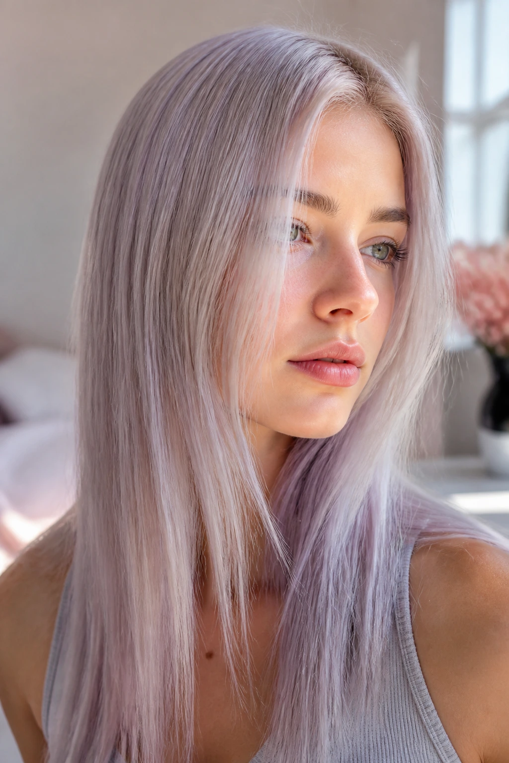 Close-up of lavender ash blonde hair on a real person