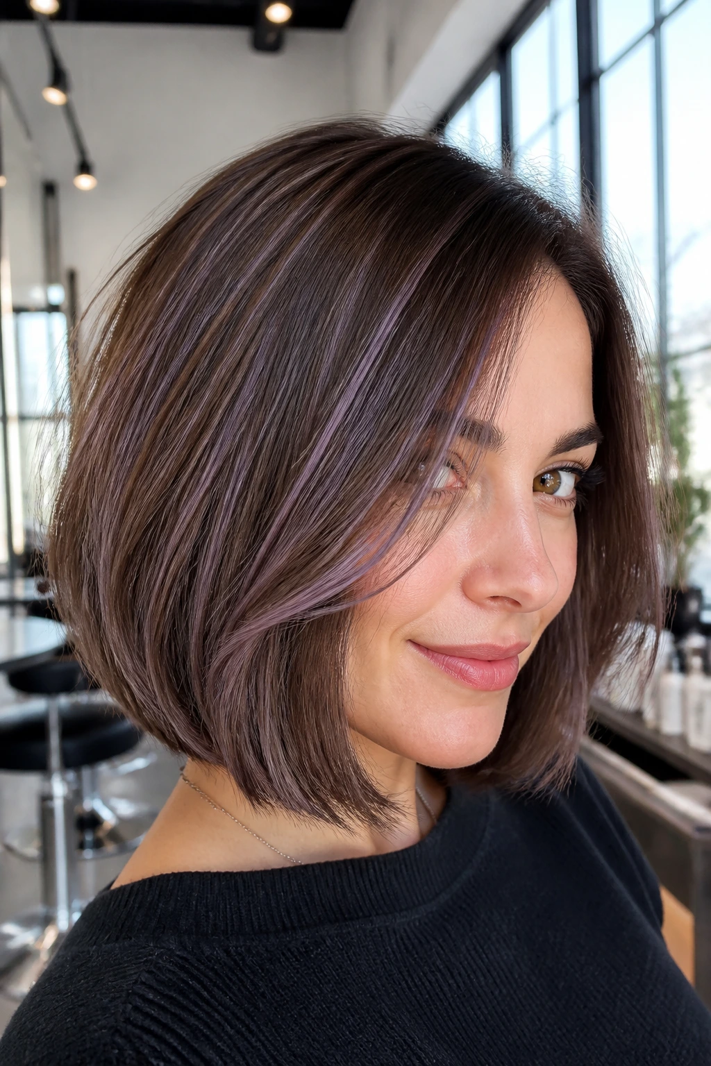 Brown bob with lavender babylights in delicate lines