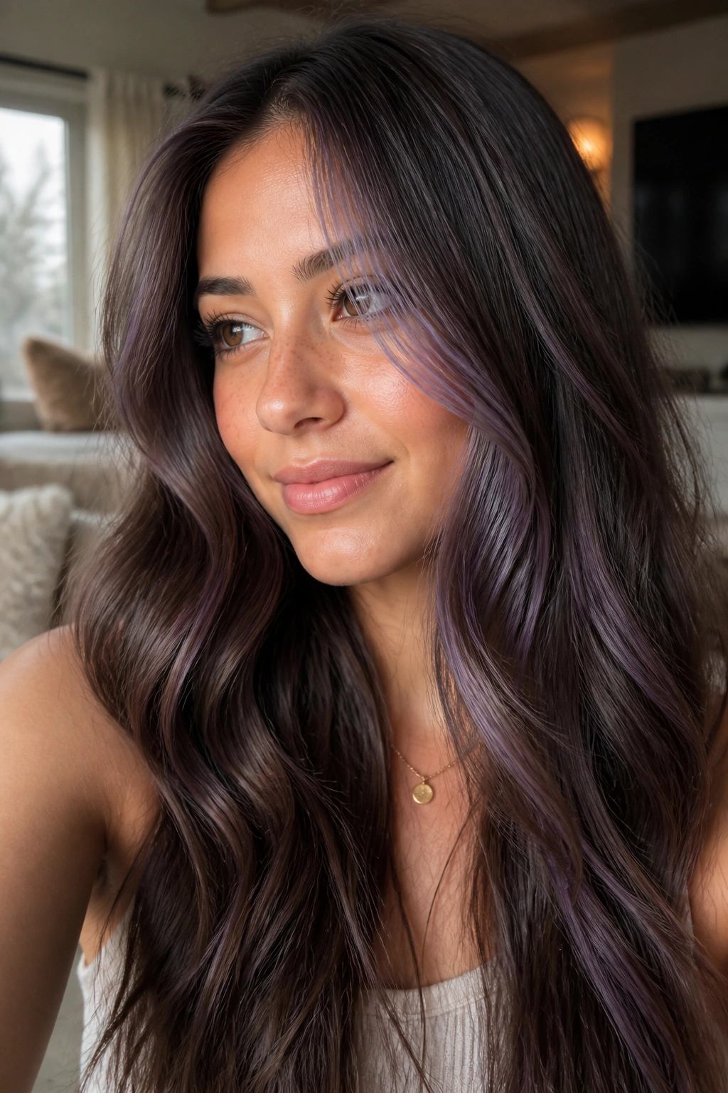 Close-up portrait of a real woman with cool lavender babylights on brown hair