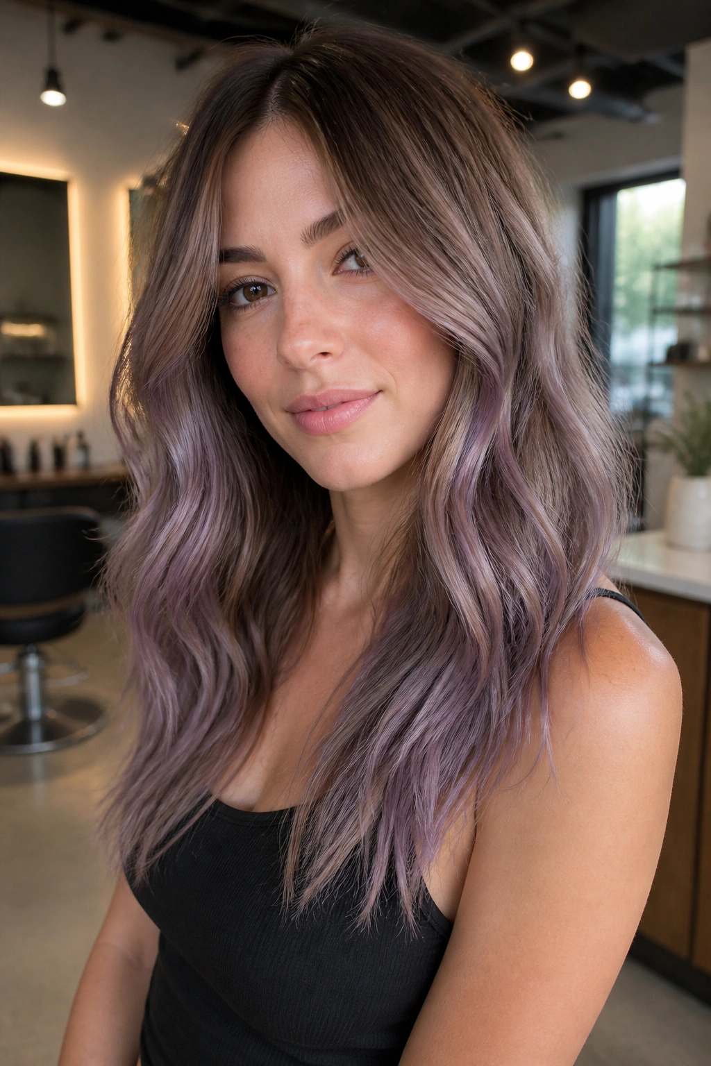 Close-up portrait of a real woman with lavender smoke balayage on brown hair