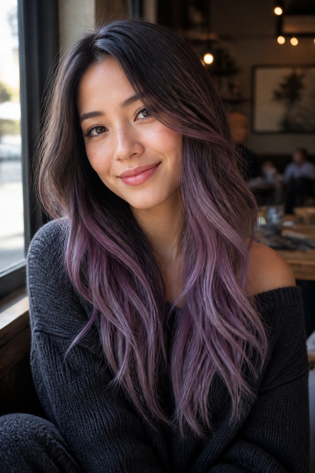 Real woman with lavender balayage on dark brown hair close-up portrait