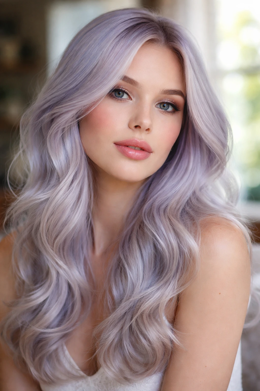 Real woman with soft lavender-blue toned blonde hair