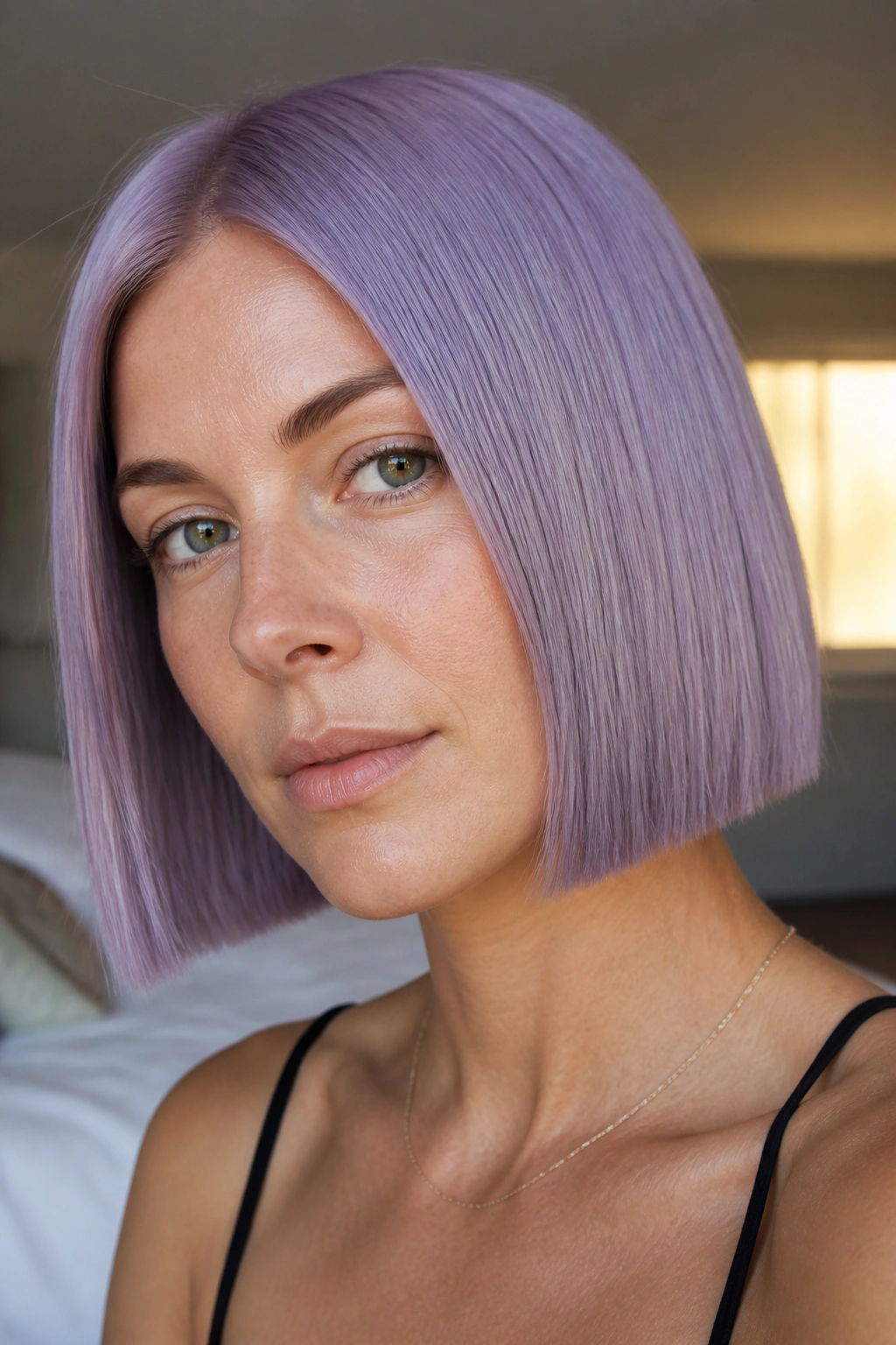 Close-up of a real woman with a lavender blunt bob and solid edge